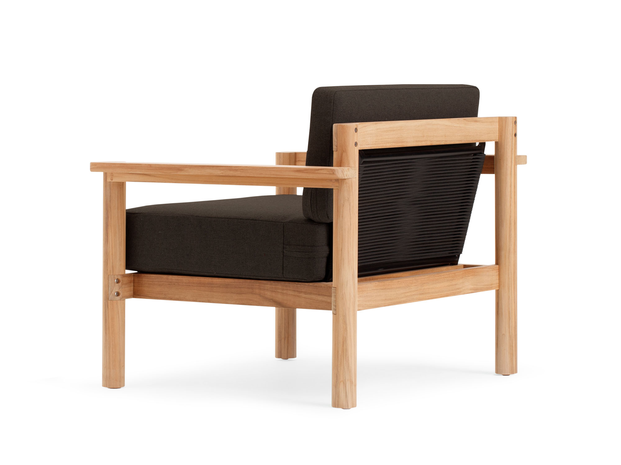 Back view of outdoor chair with black cushions and wood legs